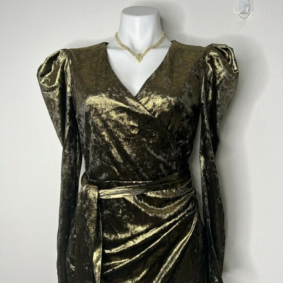 NWT Inc Gold Metallic Puff Sleeve Velvet Cocktail Party Midi Dress Small - Picture 8 of 15